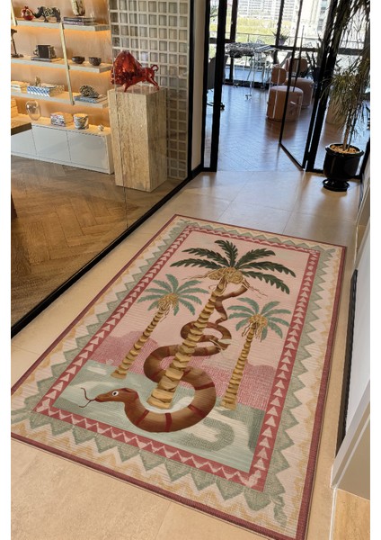 Palm 302 Bej Pembe Halı Renkli Palmiye Desenli Makinada Yıkanabilir Modern Salon Oturma Odası Halısı fırsatları