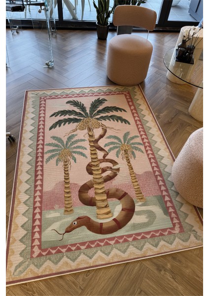 Palm 302 Bej Pembe Halı Renkli Palmiye Desenli Makinada Yıkanabilir Modern Salon Oturma Odası Halısı indirimleri