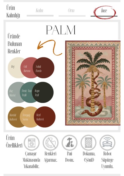 Palm 302 Bej Pembe Halı Renkli Palmiye Desenli Makinada Yıkanabilir Modern Salon Oturma Odası Halısı