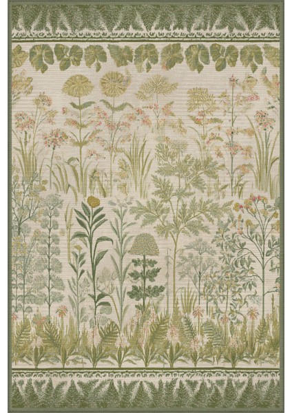 Garden 801 Yeşil Bej Çiçekli Halı Tasarım Halı Yıkanabilir Ince Halı Oturma Odası Salon Halısı