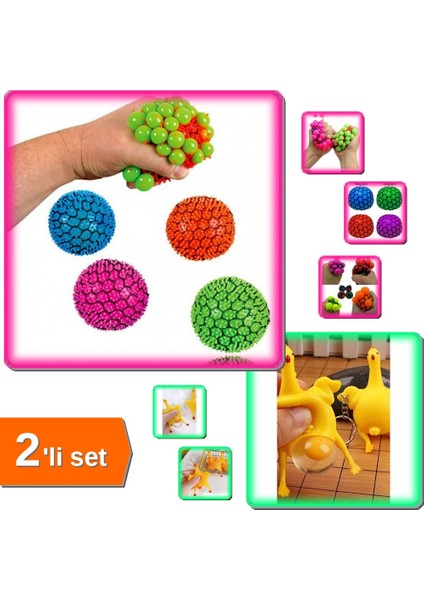 2 Adet Eğlenceli Beyin Şekilli Strees Topu + Yumurtlayan Tavuk Anahtarlık - Çanta Süsü - 2li Set J1H3