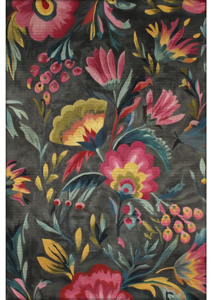 Garden 802 Gri Pembe Çiçekli Halı Tasarım Yıkanabilir Ince Halı Mutfak Oturma Odası Salon Halısı