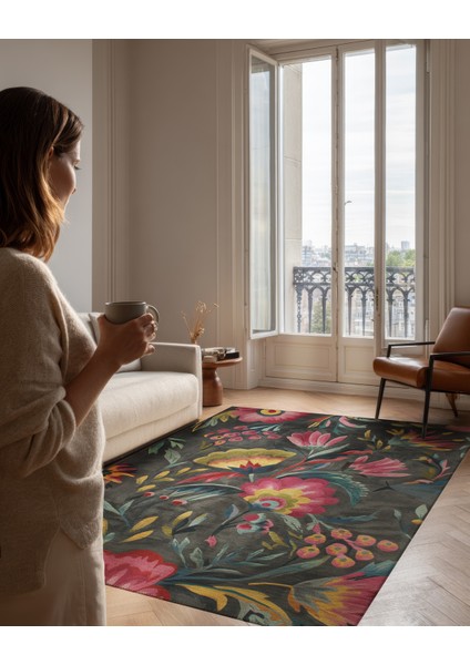 Garden 802 Gri Pembe Çiçekli Halı Tasarım Yıkanabilir Ince Halı Mutfak Oturma Odası Salon Halısı fiyatları