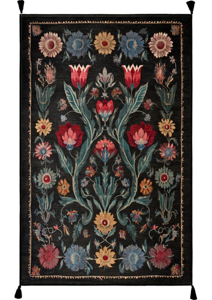 Karaköy 503 Siyah Püsküllü Vintage Motifli Renkli Yıkanabilir Halı Koridor Salon Oturma Odası Halısı