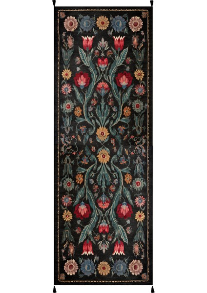 Karaköy 503 Siyah Püsküllü Vintage Motifli Renkli Yıkanabilir Halı Koridor Salon Oturma Odası Halısı fiyatları