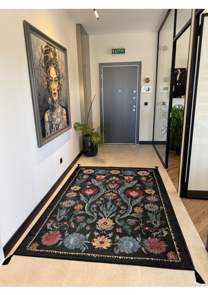 Karaköy 503 Siyah Püsküllü Vintage Motifli Renkli Yıkanabilir Halı Koridor Salon Oturma Odası Halısı modelleri