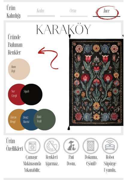 Karaköy 503 Siyah Püsküllü Vintage Motifli Renkli Yıkanabilir Halı Koridor Salon Oturma Odası Halısı fırsatları