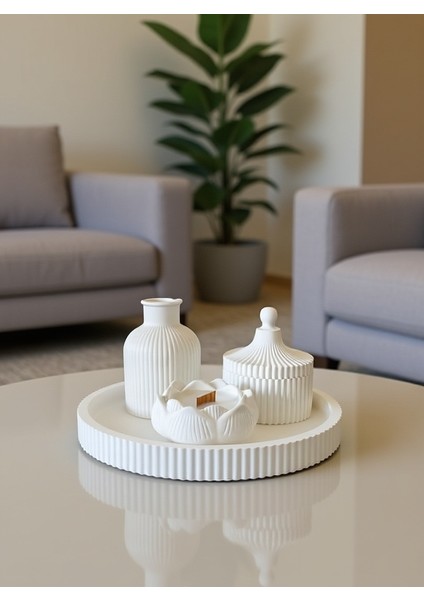 4’lü Modern Dekoratif Tabak Seti -Tabak - Vazo - Lotus Mumluk ve Kapaklı Kase Beyaz modelleri