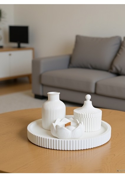 4’lü Modern Dekoratif Tabak Seti -Tabak - Vazo - Lotus Mumluk ve Kapaklı Kase Beyaz