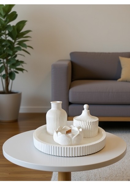 4’lü Modern Dekoratif Tabak Seti -Tabak - Vazo - Lotus Mumluk ve Kapaklı Kase Beyaz fiyatları