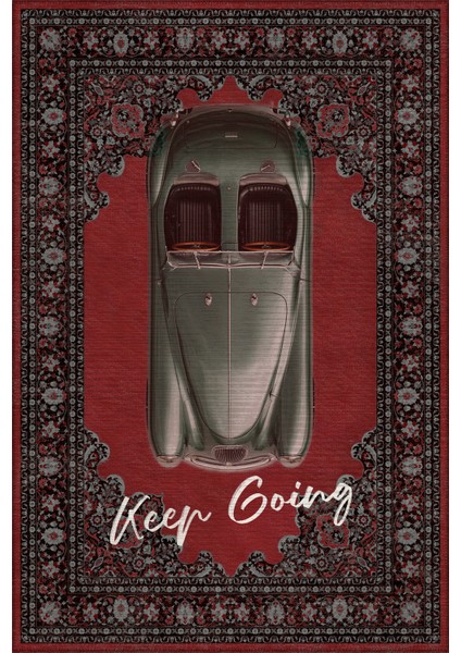 Retro 107 Kırmızı Siyah Vintage Retro Araba Figürlü Keep Going Tasarım Salon Oturma Ev Oda Halısı