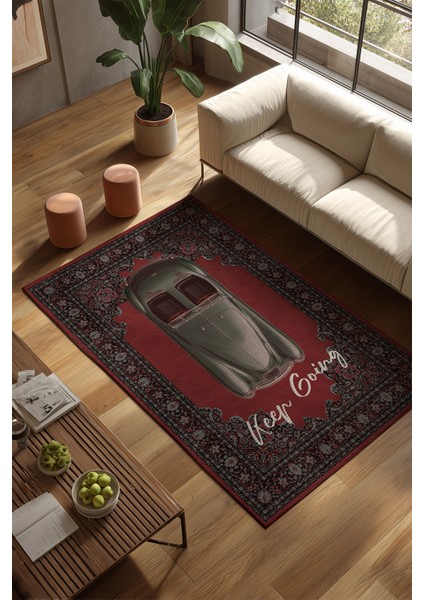 Retro 107 Kırmızı Siyah Vintage Retro Araba Figürlü Keep Going Tasarım Salon Oturma Ev Oda Halısı modelleri