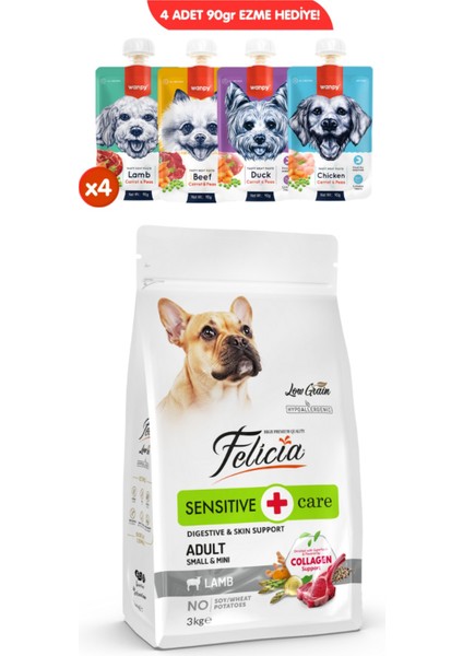 Kolajen Destekli Hipoalerjenik Kuzulu Yetişkin Küçük Irk Köpek Maması 3kg + 4 Adet Wanpy Ezme 90GR