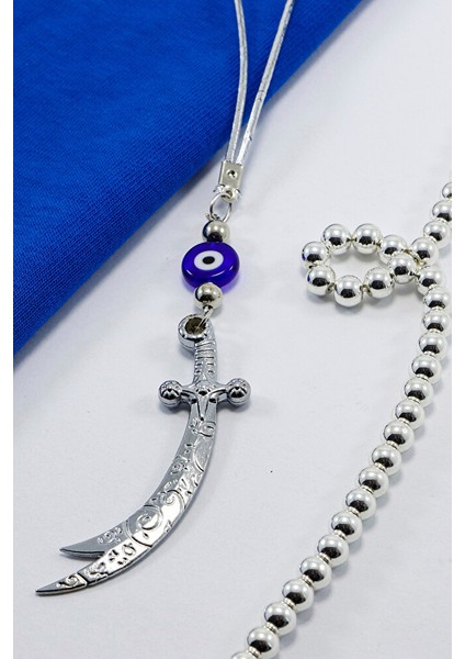 Parlak Lacivert Cam Yassı Nazar Boncuklu Zülfikar Kılıcı Araba Dikiz Ayna Süsü