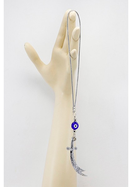 Parlak Lacivert Cam Yassı Nazar Boncuklu Zülfikar Kılıcı Araba Dikiz Ayna Süsü indirimleri