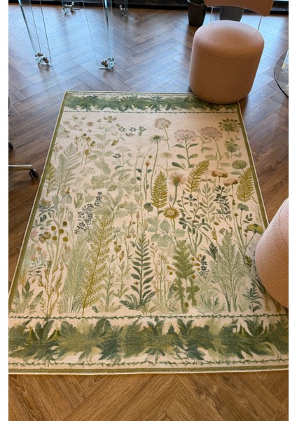 Garden 809 Yeşil Bej Botanik Çiçekli Halı Yıkanabilir Kolay Temizlenen Dokuma Taban Ince Halı