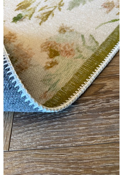 Garden 809 Yeşil Bej Botanik Çiçekli Halı Yıkanabilir Kolay Temizlenen Dokuma Taban Ince Halı modelleri