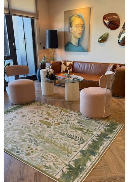 Garden 809 Yeşil Bej Botanik Çiçekli Halı Yıkanabilir Kolay Temizlenen Dokuma Taban Ince Halı fırsatları