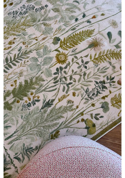 Garden 809 Yeşil Bej Botanik Çiçekli Halı Yıkanabilir Kolay Temizlenen Dokuma Taban Ince Halı indirimleri