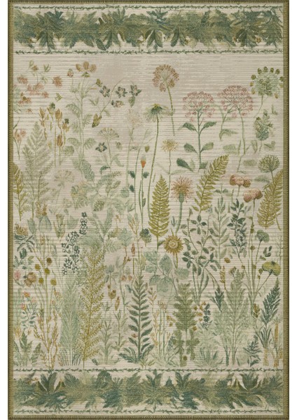 Garden 809 Yeşil Bej Botanik Çiçekli Halı Yıkanabilir Kolay Temizlenen Dokuma Taban Ince Halı