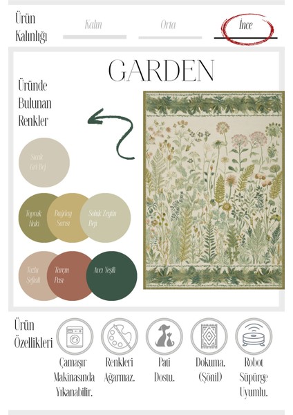 Garden 809 Yeşil Bej Botanik Çiçekli Halı Yıkanabilir Kolay Temizlenen Dokuma Taban Ince Halı