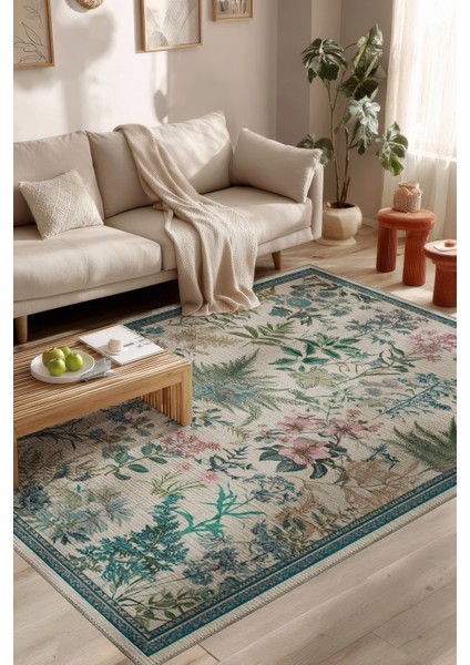 Garden 813 Bej Botanik Çiçekli Halı Yıkanabilir Ince Dokuma Taban Salon Oturma Odası Halısı