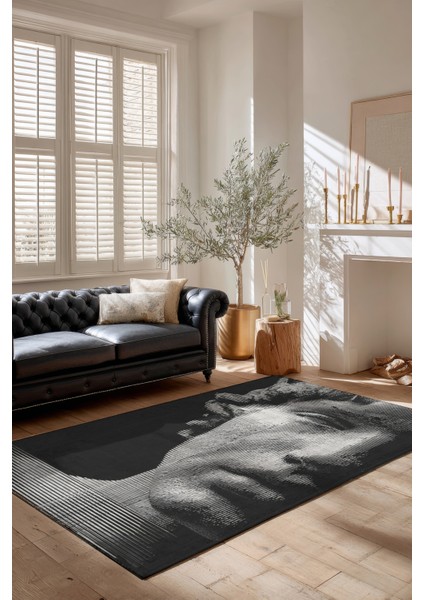 Allure 101 Siyah Beyaz Yüz Tasarım Halı Yıkanabilir Halı Ince Kilim Halı Oturma Odası Salon Halısı fiyatları