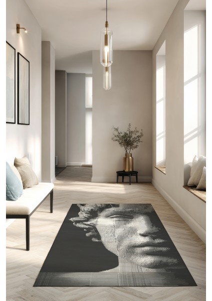 Allure 101 Siyah Beyaz Yüz Tasarım Halı Yıkanabilir Halı Ince Kilim Halı Oturma Odası Salon Halısı modelleri