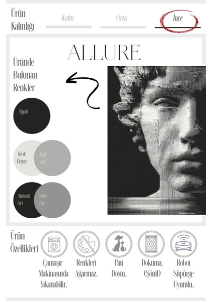 Allure 101 Siyah Beyaz Yüz Tasarım Halı Yıkanabilir Halı Ince Kilim Halı Oturma Odası Salon Halısı fırsatları