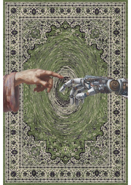 Artello 251 Yeşil Vintage Halı Robot El Figürlü Yıkanabilir Halı Ince Oturma Odası Salon Halısı