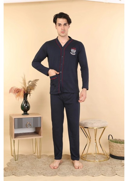 önü Düğmeli Erkek Pamuklu Pijama Takımı-Lacivert