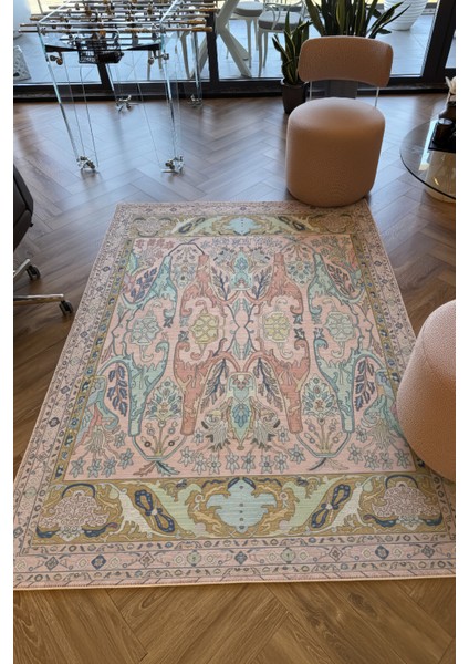 Âfitap 702 Pembe Yeşil Vintage Etnik Yıkanabilir Ince Halı Mutfak Ev Oda Salon Oturma Odası Halısı