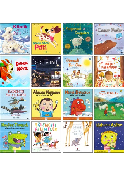 / Uykucu Aslan Nasıl Uyur + Minik Dinozor Banyo Yapar + Gece Vakti + Badem’in Yolculuğu + Cesur Fırfır + Güneşli Bir Gün + Köpük Ile Pıtır / Okul Öncesi Hikaye Kitapları 16’lı Set
