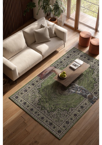 Artello 251 Yeşil Vintage Halı Robot El Figürlü Yıkanabilir Halı Ince Oturma Odası Salon Halısı fiyatları