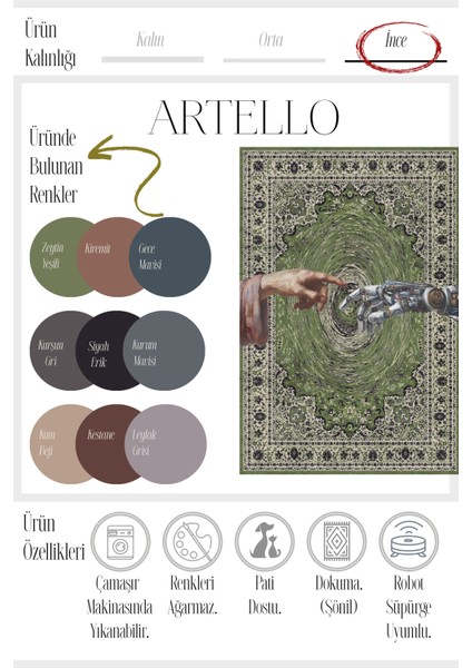 Artello 251 Yeşil Vintage Halı Robot El Figürlü Yıkanabilir Halı Ince Oturma Odası Salon Halısı fırsatları