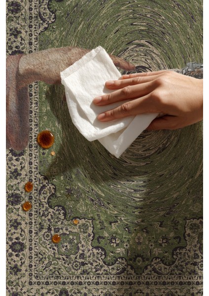 Artello 251 Yeşil Vintage Halı Robot El Figürlü Yıkanabilir Halı Ince Oturma Odası Salon Halısı indirimleri