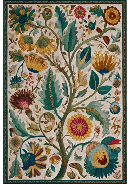 Garden 804 Bej Halı Renkli Çiçekli Halı Yıkanabilir Dokuma Taban Ince Halı Oturma Odası Salon Halısı