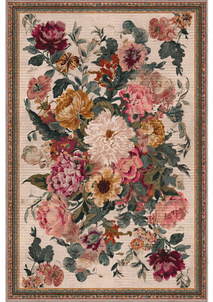 Fiora 205 Bej Çok Renkli Çiçekli Modern Bordürlü Halı Ince Kilim Halı Hol Yolluk Ev Oda Salon Halısı