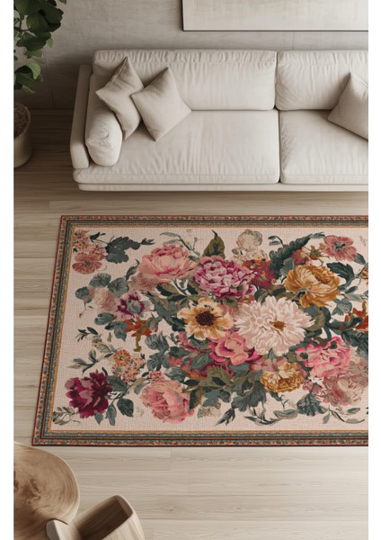 Fiora 205 Bej Çok Renkli Çiçekli Modern Bordürlü Halı Ince Kilim Halı Hol Yolluk Ev Oda Salon Halısı fiyatları