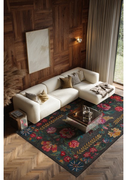 Fiora 206 Siyah Renkli Çiçekli Modern Halı Tasarım Ince Kilim Halı Hol Yolluk Ev Oda Salon Halısı