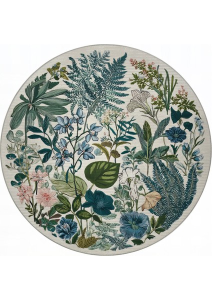 Como 03 Renkli Yuvarlak Bej Bahar Çiçekleri Desen Ince Dokuma Taban Yıkanabilir Mutfak Antre Halısı