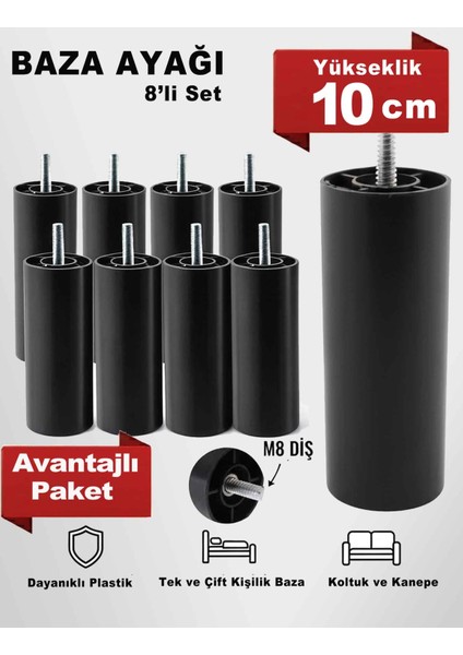 10 cm (8 Adet) Siyah M8 Diş Silindir Mobilya Koltuk Kanepe Baza Ayağı