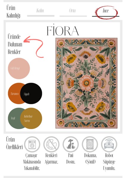 Fiori 217 Pembe Halı Pastel Tasarım Modern Ince Yazlık Halı Kilim Halı Salon Halısı Mutfak Halısı modelleri