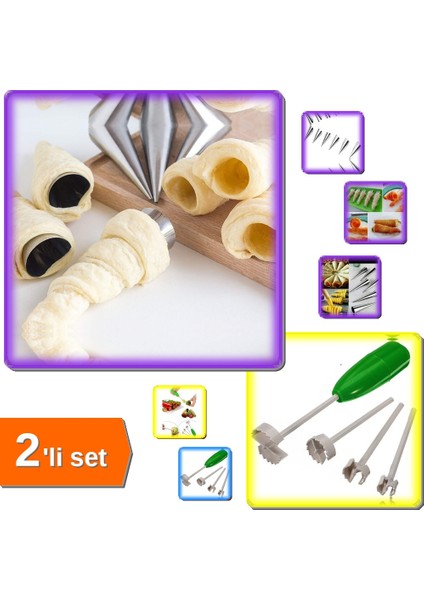 Paslanmaz Kornet Kurabiye Kalıbı 6 Adet + 5 Parça Sebze Patates Kabak Patlıcan Oyacağı - 2li Set Q8N