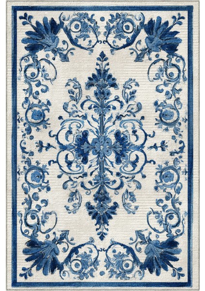 Azule 701 Mavi Beyaz Halı Etnik Desenli Halı Yıkanabilir Ince Dokuma Salon Ev Oturma Odası Halısı