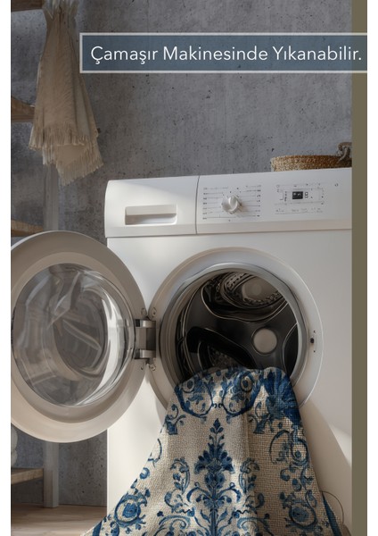 Azule 701 Mavi Beyaz Halı Etnik Desenli Halı Yıkanabilir Ince Dokuma Salon Ev Oturma Odası Halısı indirimleri