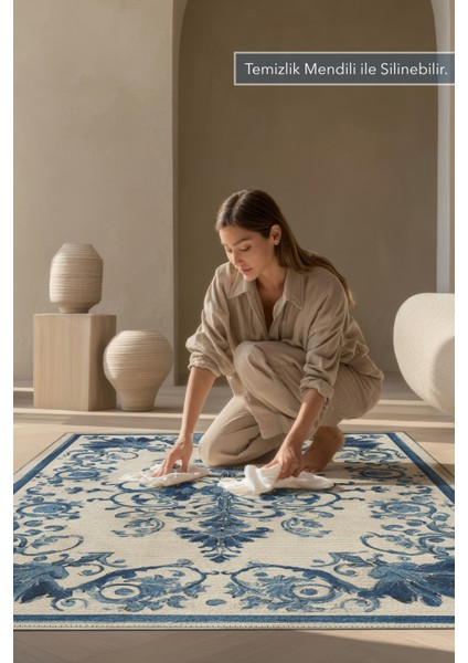 Azule 701 Mavi Beyaz Halı Etnik Desenli Halı Yıkanabilir Ince Dokuma Salon Ev Oturma Odası Halısı