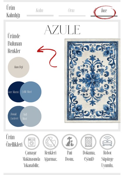 Azule 701 Mavi Beyaz Halı Etnik Desenli Halı Yıkanabilir Ince Dokuma Salon Ev Oturma Odası Halısı