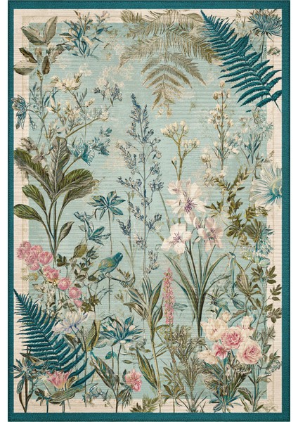 Garden 816 Mavi Yeşil Botanik Çiçekli Halı Yıkanabilir Dokuma Taban Salon Oturma Odası Halısı fiyatları