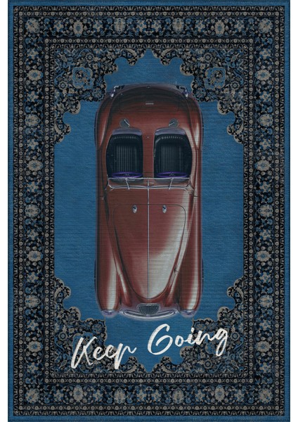 Retro 102 Mavi Gri Vintage Retro Araba Keep Going Yazılı Tasarım Halı Salon Oturma Ev Oda Halısı